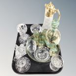A tray of 1930's seven piece glass set on tray, decorative claret jug, Stuart crystal bowl,