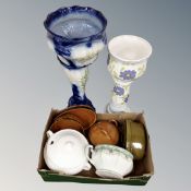 Two jardinieres on stand together with a further box containing 19th century chamber pot,