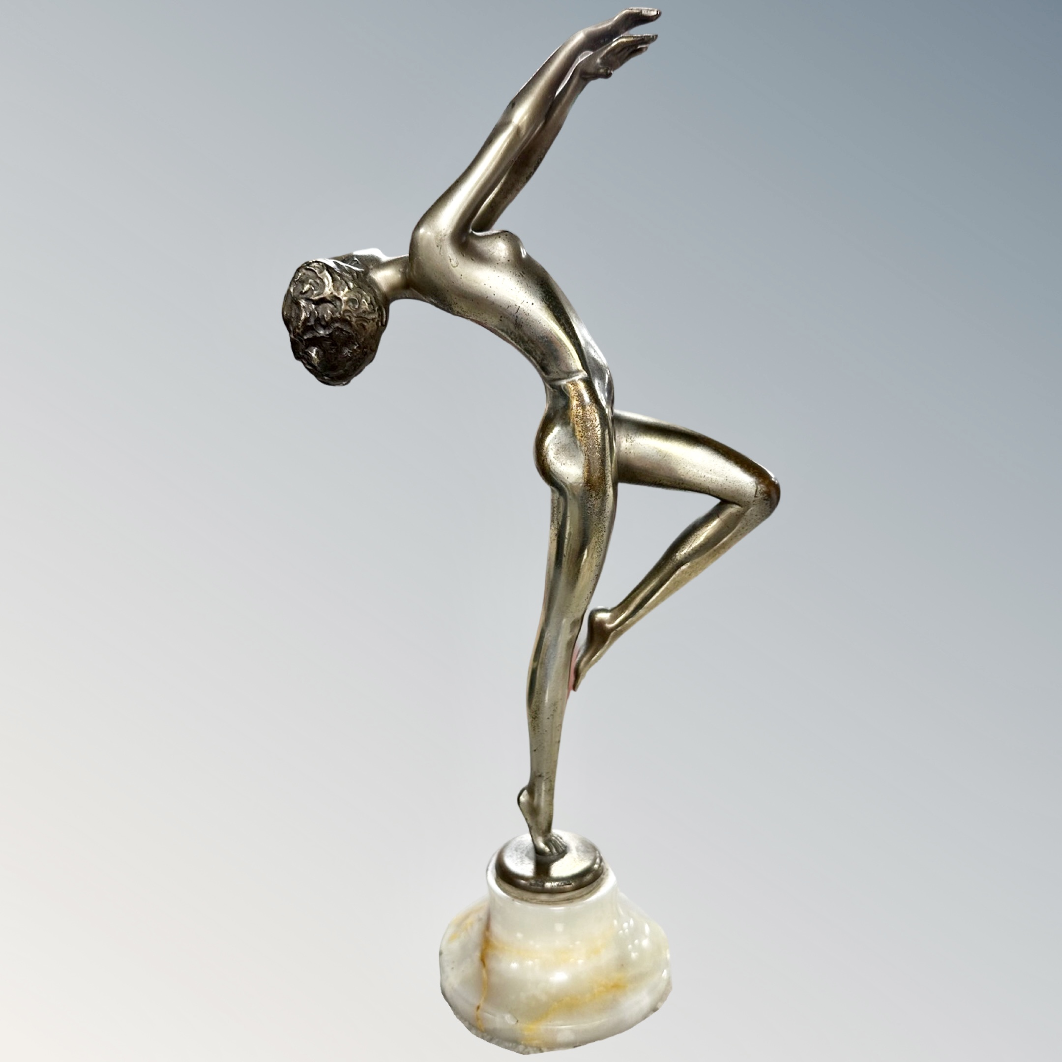 After Josef Lorenzl, an Art Deco silver-bronze of 'Vivian', standing nude on a turned onyx socle, - Image 3 of 3