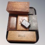 A tray of assorted vintage wooden and pewter table boxes