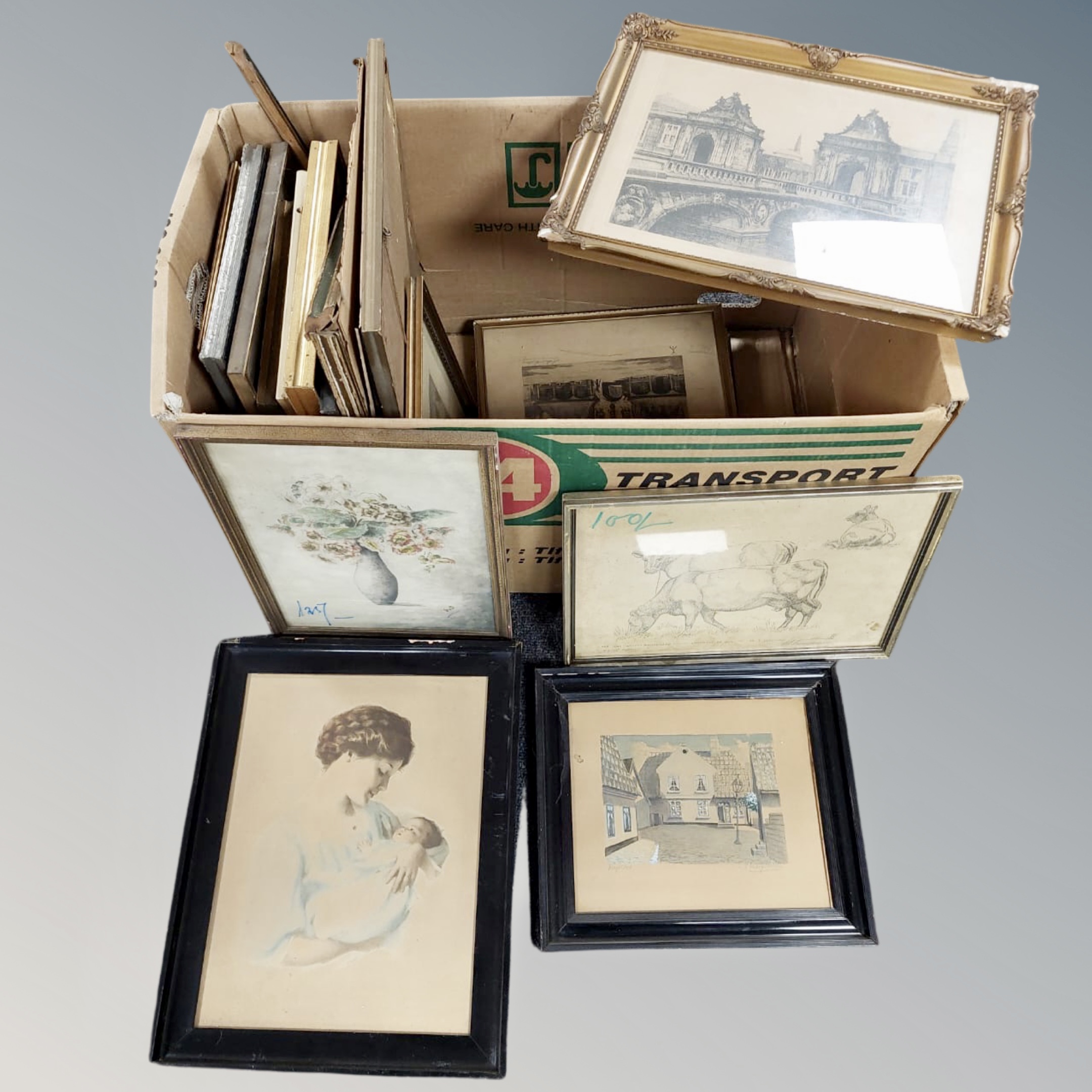 A box of continental pictures and prints (Qty)