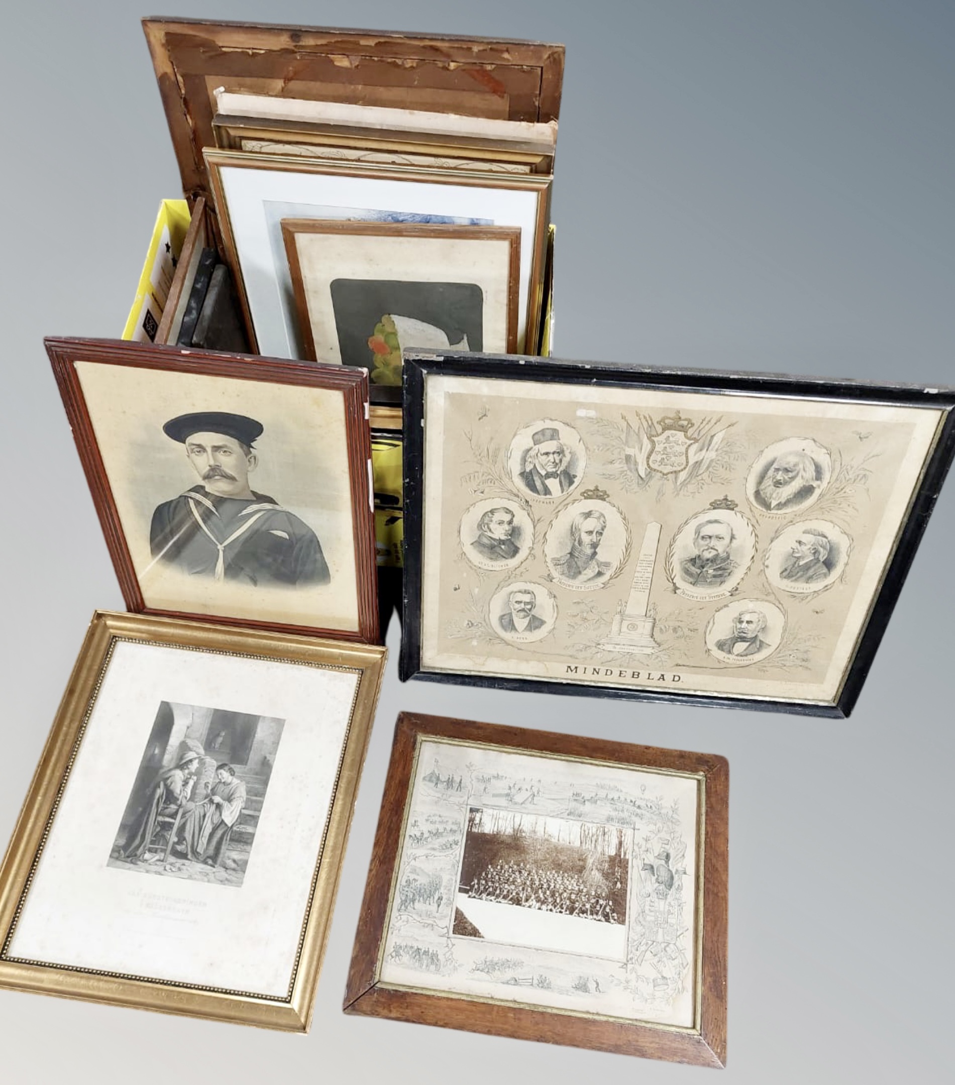 A box of continental pictures and prints (Qty)