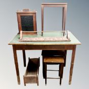 A 20th century beech library table fitted a drawer together with a nest of two tables, pine trough,