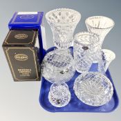 A tray of seven pieces of crystal glass ware including John Jenkins,