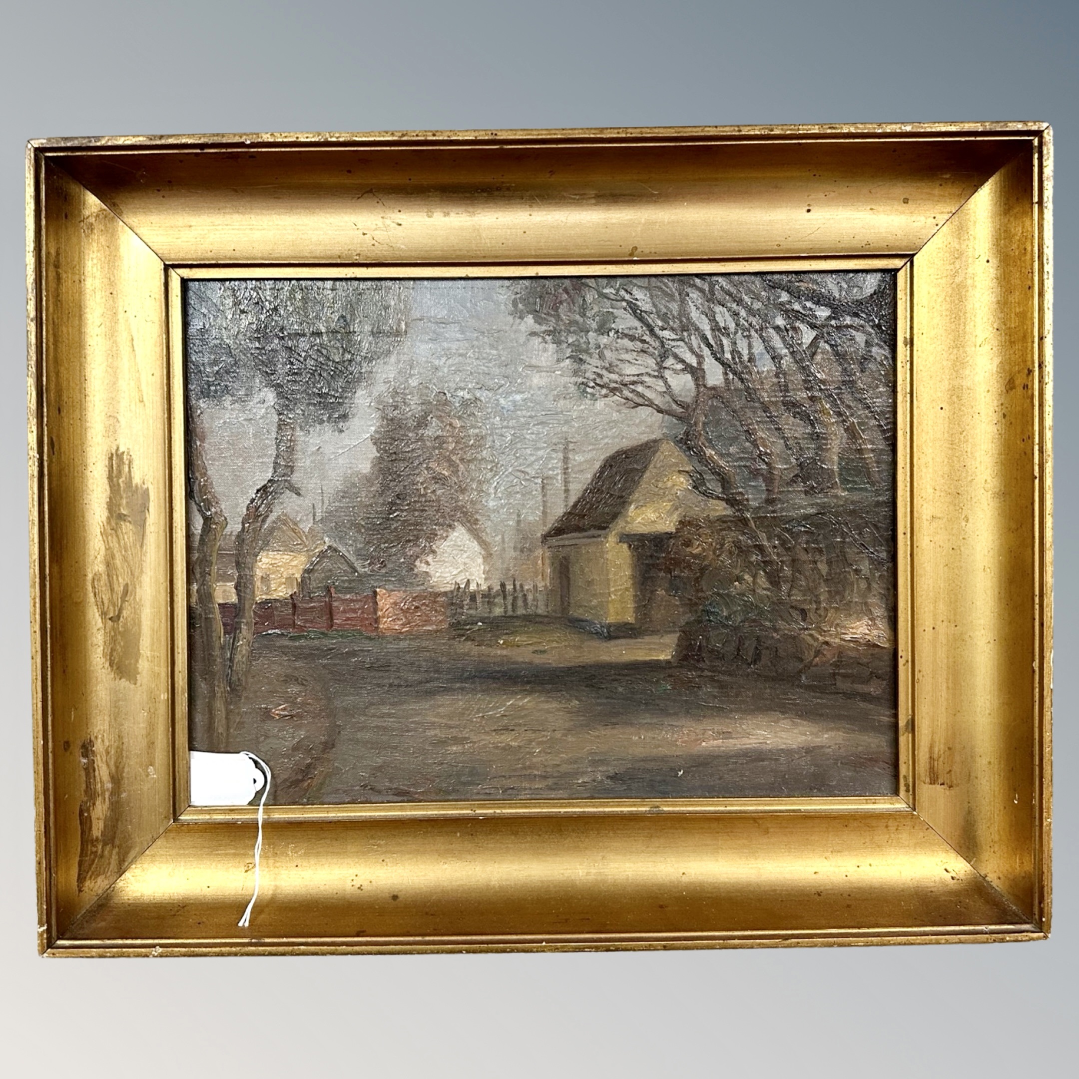 Continental school : Cottages by a road, oil on board, 39cm by 29cm.