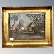 Continental school : Cottages by a road, oil on board, 39cm by 29cm.