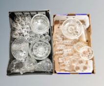 Two boxes of pressed and cut glass, drinking glasses,