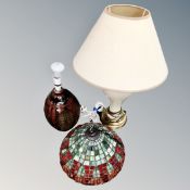 A studio pottery table lamp together with a further ceramic table lamp with shade and Tiffany style