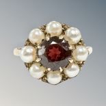A 9ct gold garnet and pearl cluster ring, size Q CONDITION REPORT: 3.
