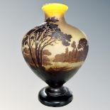 A Gallé cameo glass ovoid landscape vase, depicting a lakeside scene, signed, height 32cm.