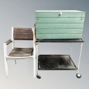 A painted garden storage box together with two multi purpose trolley and pair of wooden slatted