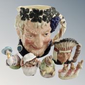A Royal Doulton character jug D6499 Bacchus together with a miniature character jug and four