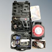 A box of cased power tools, electric sander,