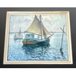 Georg Hails : Boats on calm water, oil on canvas, 64 cm x 51 cm, framed.