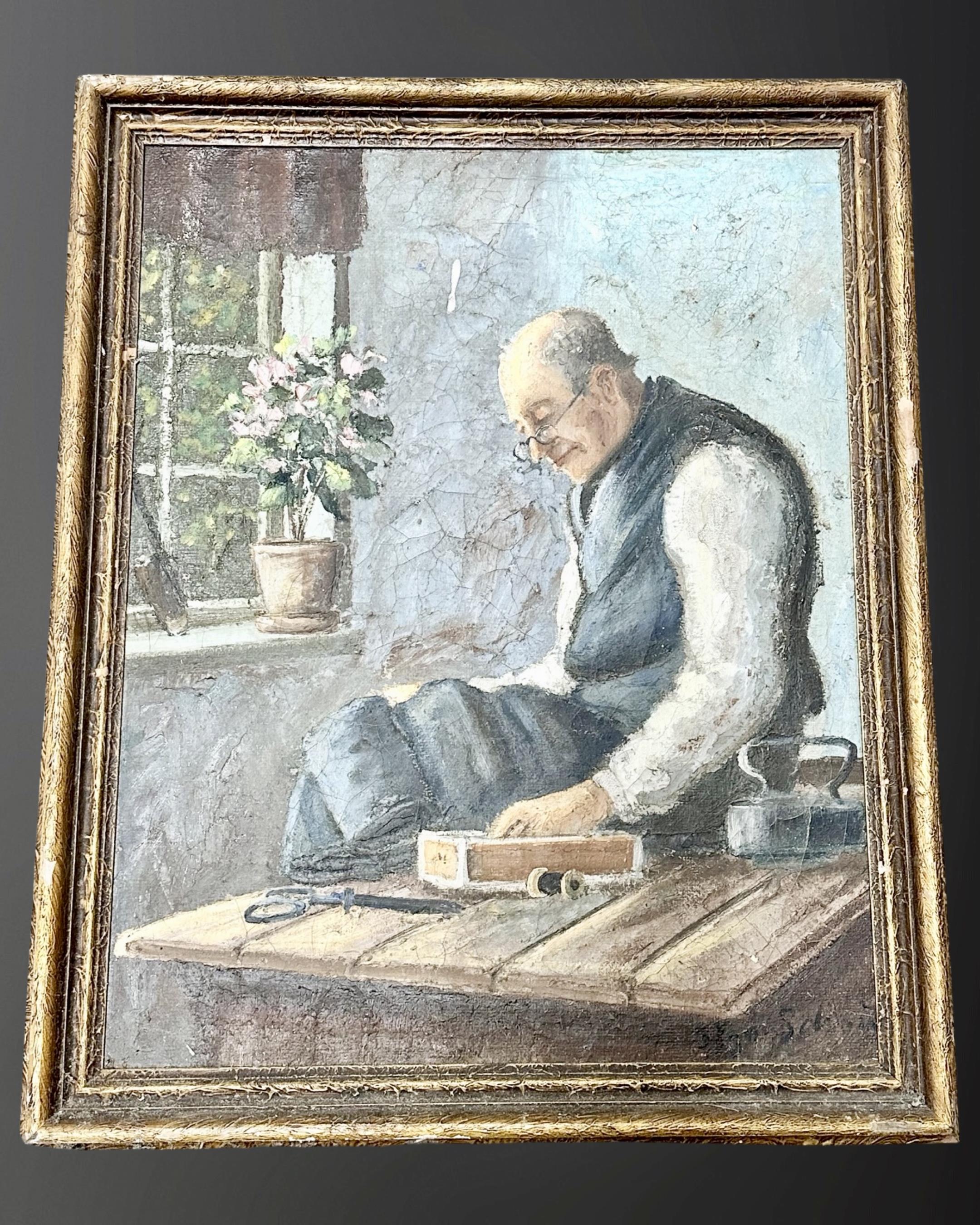 Twentieth century Continental School: Portrait of a man sewing, oil on canvas, 45 cm x 56 cm,