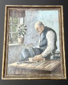 Twentieth century Continental School: Portrait of a man sewing, oil on canvas, 45 cm x 56 cm,