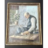 Twentieth century Continental School: Portrait of a man sewing, oil on canvas, 45 cm x 56 cm,