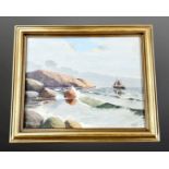H Boye : Boat at low tide, oil on canvas, 46 cm x 37 cm, framed.