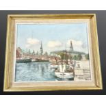 Twentieth century Continental School: Boats in a town port, oil on canvas, 40 cm x 32 cm,