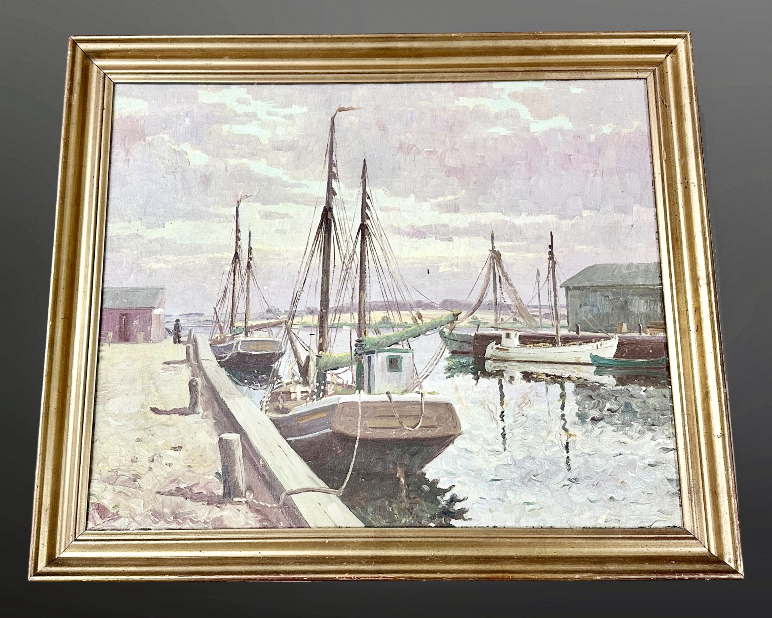 Twentieth century Continental School: Sailing boats in a dock, oil on canvas, 80 cm x 65 cm, framed.