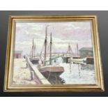 Twentieth century Continental School: Sailing boats in a dock, oil on canvas, 80 cm x 65 cm, framed.