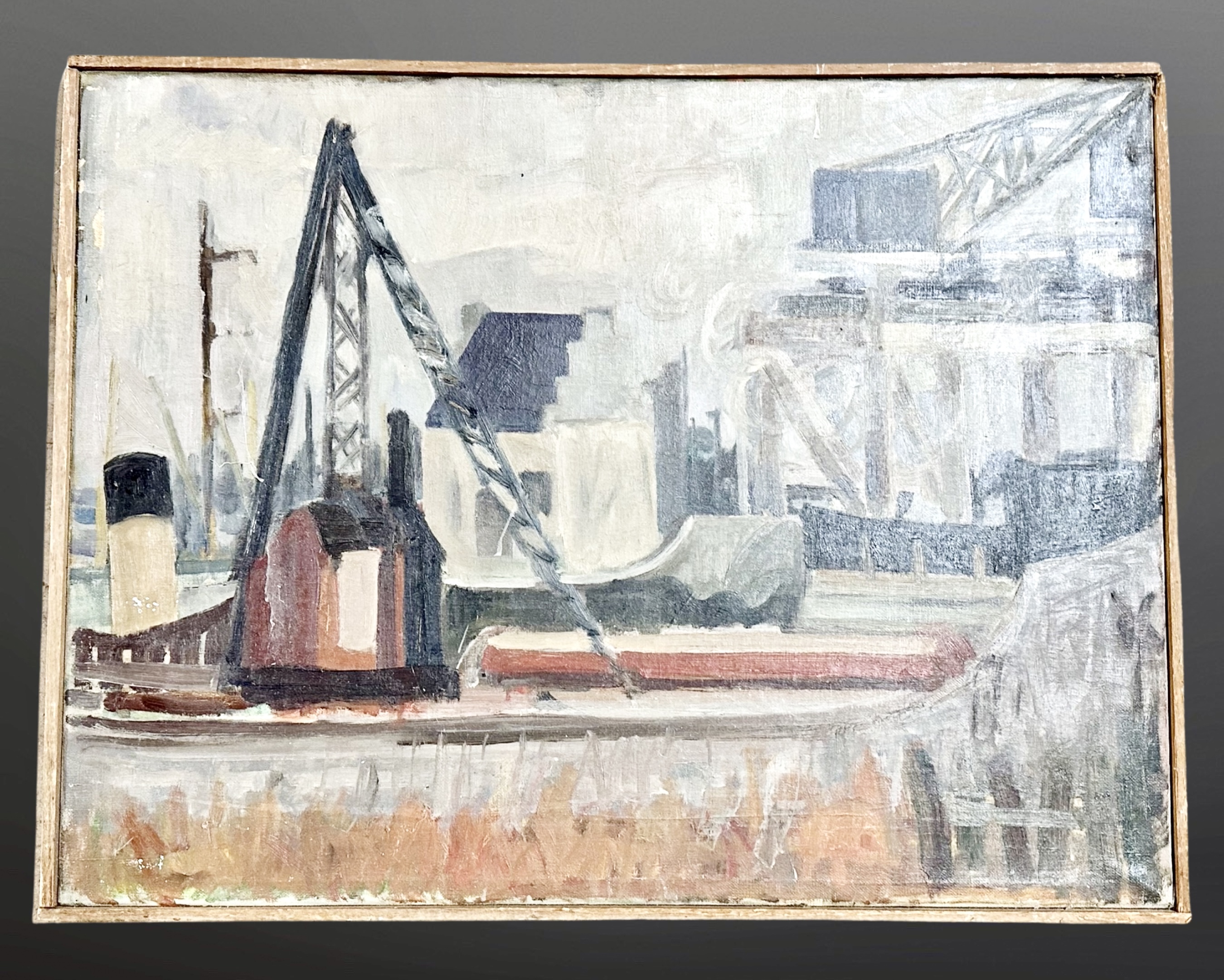 Twentieth century Continental School: Industrial harbour, oil on canvas, 62 cm x 47 cm, framed.