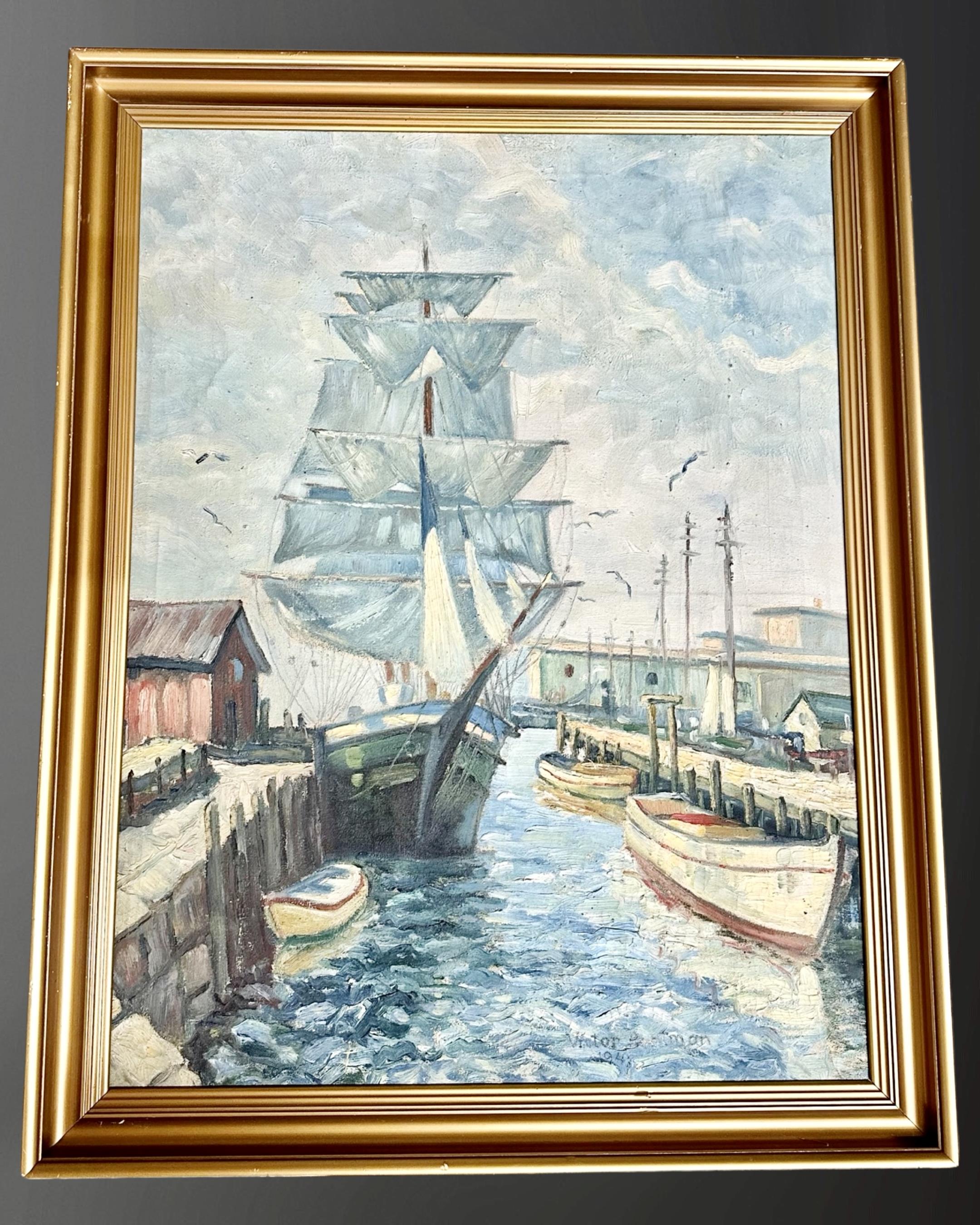 Victor Bertman : Tall ship in dock, oil on canvas, 47 cm x 62 cm, signed, framed.