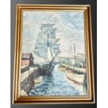 Victor Bertman : Tall ship in dock, oil on canvas, 47 cm x 62 cm, signed, framed.