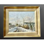 Twentieth century Continental School: Snow on a lane, oil on canvas, 38 cm x 31 cm, signed, framed.