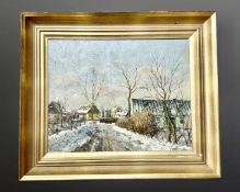 Twentieth century Continental School: Snow on a lane, oil on canvas, 38 cm x 31 cm, signed, framed.