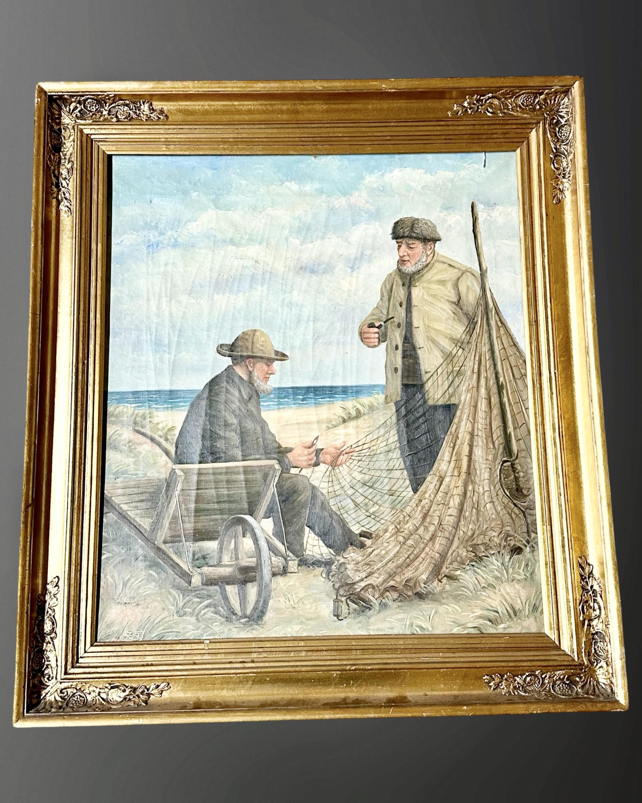 Twentieth century Continental School: Mending nets, oil on canvas, 64 cm x 73 cm,