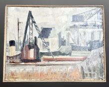 Twentieth century Continental School: Industrial harbour, oil on canvas, 62 cm x 47 cm, framed.