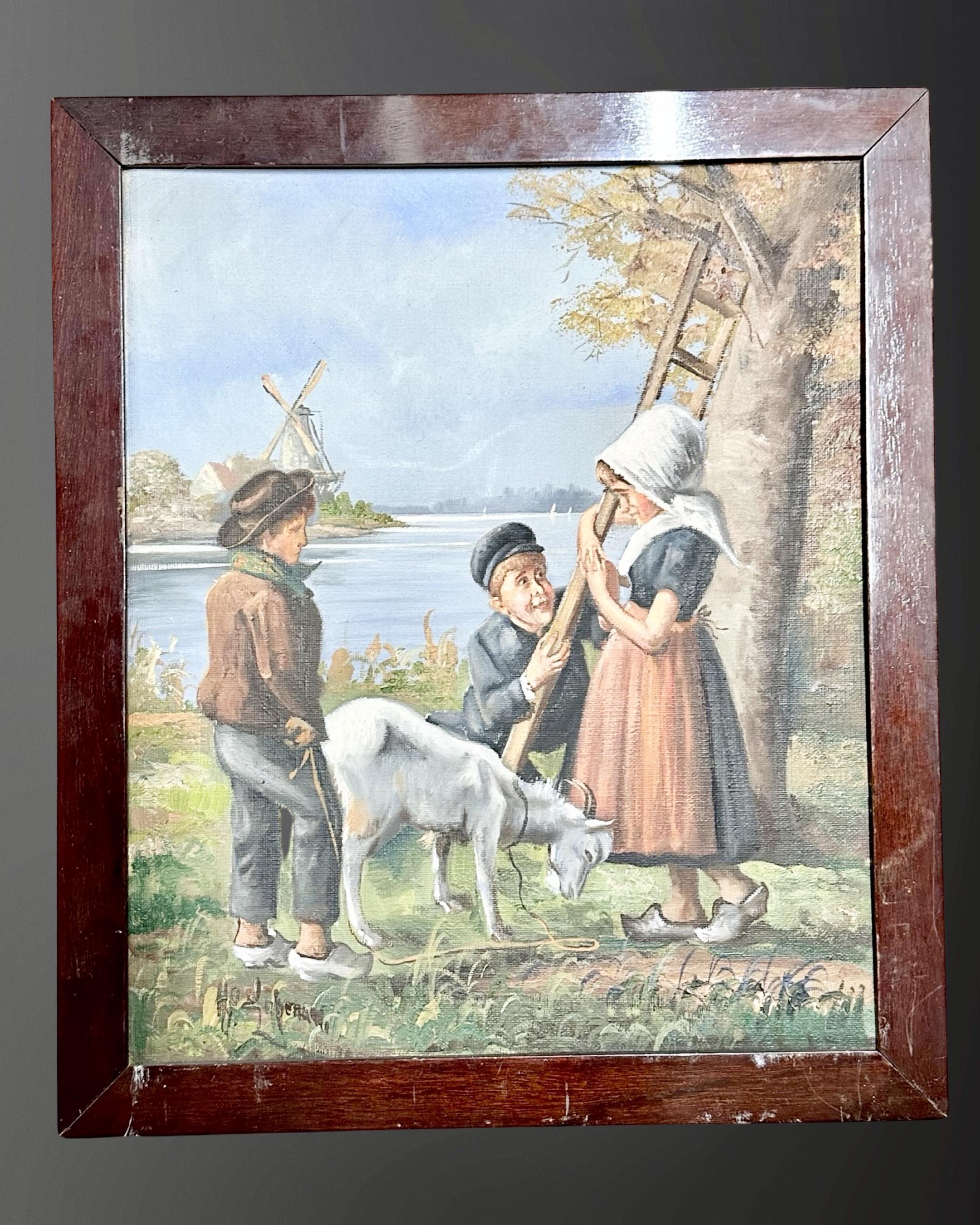 Twentieth century Continental School: Children with a goat, oil on canvas, 29 cm x 35 cm,