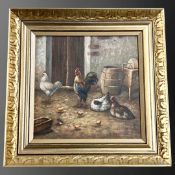 Danish School : Chickens in barn, oil on