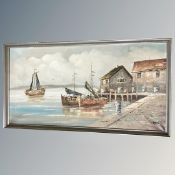 Twentieth century Continental School: Boats at low tide, oil on canvas, 80 cm x 41 cm,