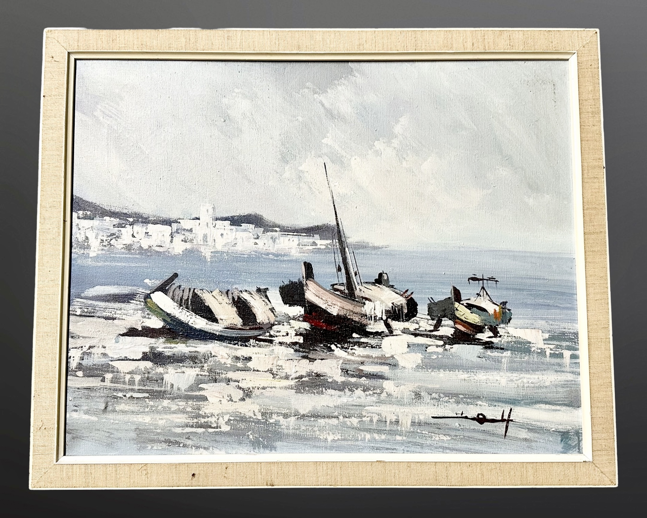 Twentieth century Continental School: Boats on rocks, oil on canvas, 48 cm x 38 cm,