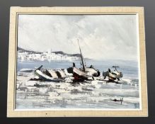 Twentieth century Continental School: Boats on rocks, oil on canvas, 48 cm x 38 cm,
