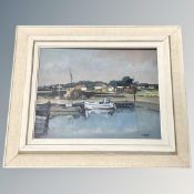 T Ahley : Boats in a dock, oil on board, 39 cm x 31 cm. Framed.