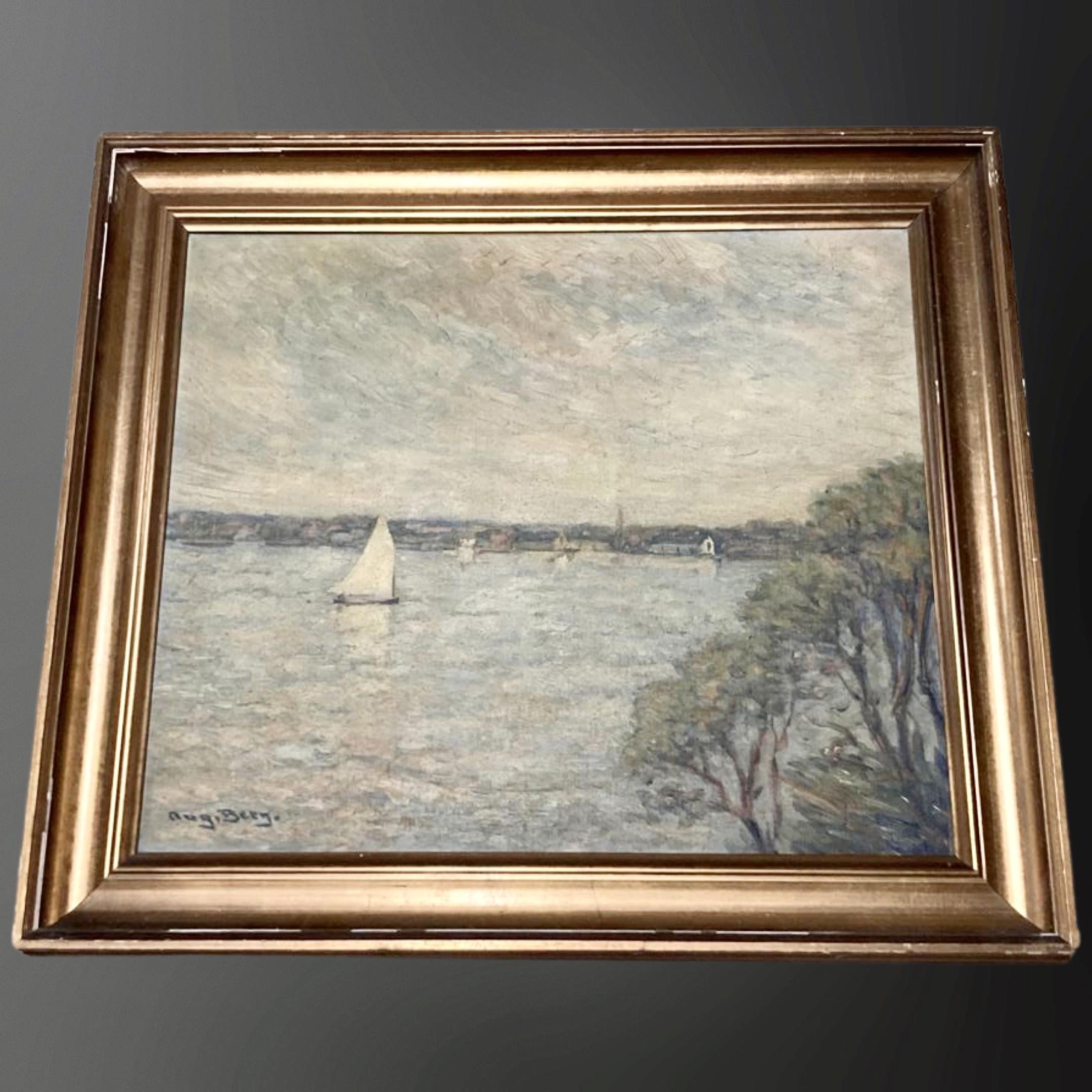Aug Berg : Boats on lake, oil on canvas