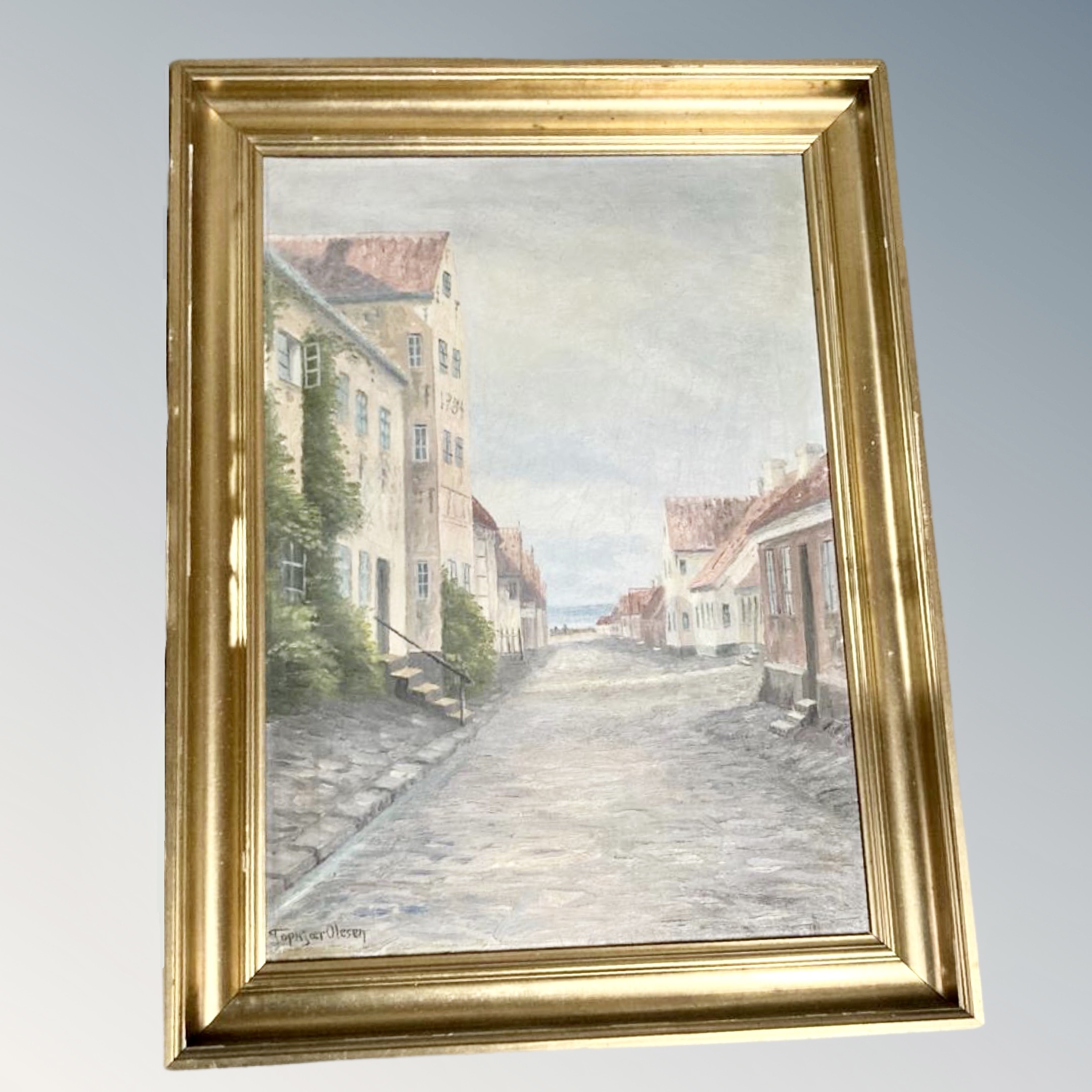 Topkjoer Olesen : View towards a coast, oil on canvas, 63 cm x 45 cm. Framed.