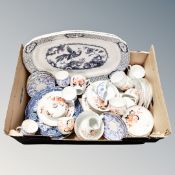 A box of antique blue and white meat plates and tea ware