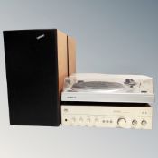 A Hitachi HA-2500 stereo amplifier together with a Sanyo TP1005 system 20 turntable and a pair of