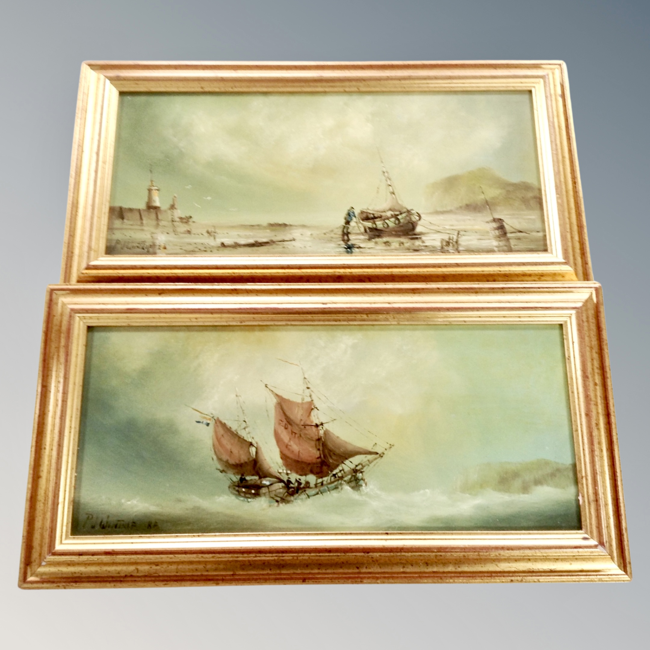 A pair of P J Wintrip nautical oils on board