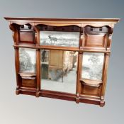 A Victorian mahogany mirrored overmantel with pictorial panel
