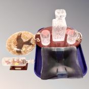 A cut glass lead crystal whisky decanter with two tumblers on stand together with ship in bottle