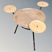 A mid-20th century plywood and tubular metal occasional table with lift-off tray.