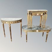 Three pieces of French style gilt and faux marble occasional furniture comprising of a coffee table,