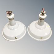A pair of R. L. M. reflector industrial enamelled pendant light fittings.