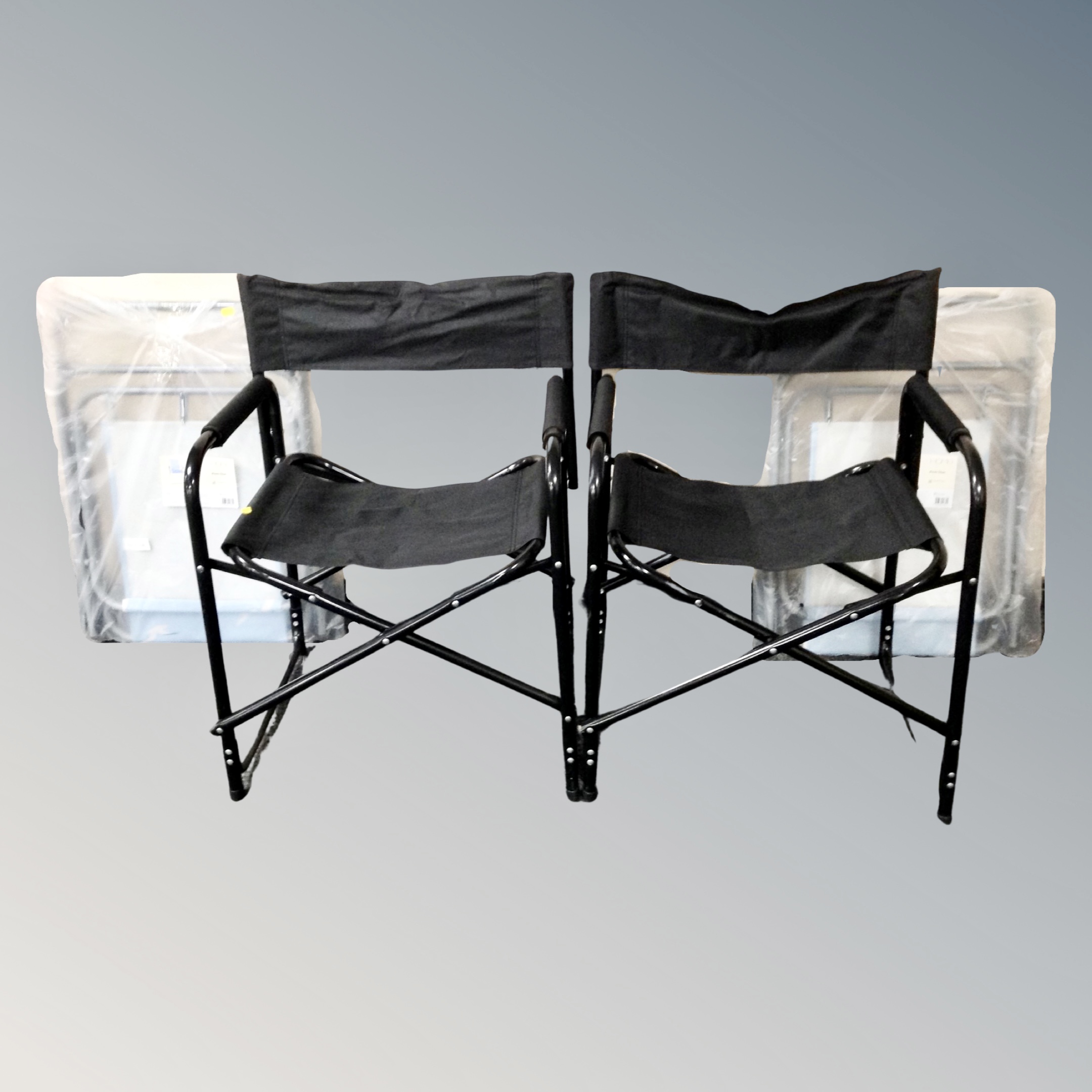 Two folding picnic chairs in bags, as new, together with two further folding directors style chairs.