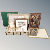 A folding baise topped card table together with shipping trunk containing pictures, mirrors,